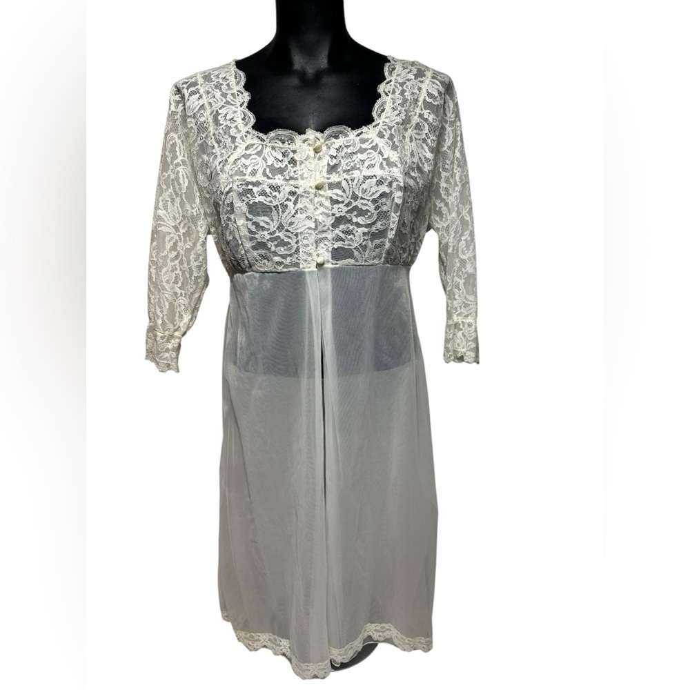 OLGA Vintage Peignoir Women's 34 Small Vintage Ivory Lace Chemise Bridal Bow